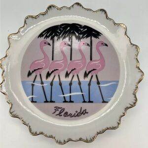 Vintage Florida Flamingo Palm Tree Souvenir Gold Trim Wall Plate Trinket Dish